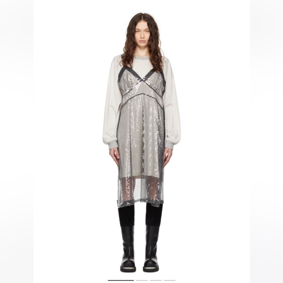 VAQUERA Oversized Gray Slip Dress Long Sleeve T-Shirt with sequin apron front XS - Picture 6 of 17